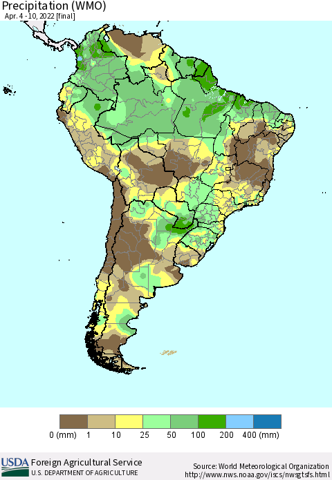 South America Precipitation (WMO) Thematic Map For 4/4/2022 - 4/10/2022