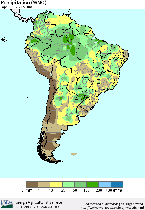 South America Precipitation (WMO) Thematic Map For 4/11/2022 - 4/17/2022