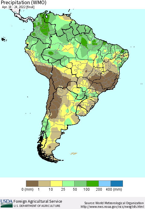 South America Precipitation (WMO) Thematic Map For 4/18/2022 - 4/24/2022