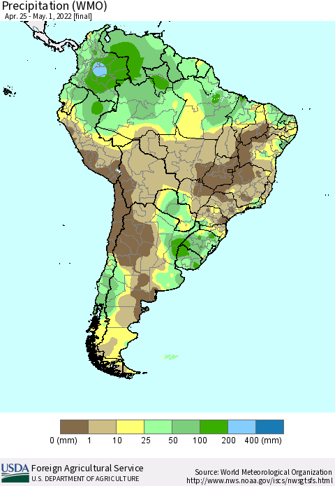 South America Precipitation (WMO) Thematic Map For 4/25/2022 - 5/1/2022