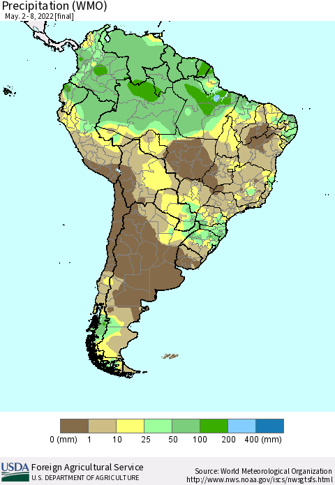 South America Precipitation (WMO) Thematic Map For 5/2/2022 - 5/8/2022