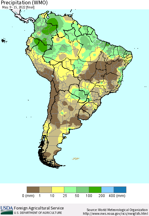 South America Precipitation (WMO) Thematic Map For 5/9/2022 - 5/15/2022
