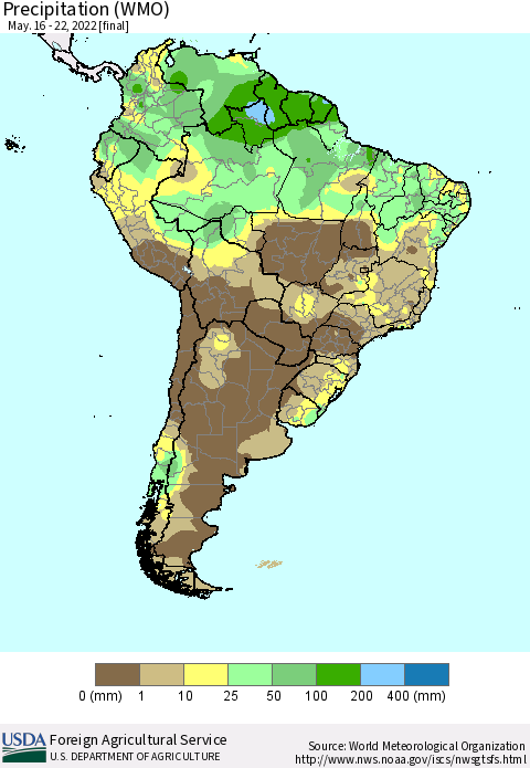 South America Precipitation (WMO) Thematic Map For 5/16/2022 - 5/22/2022