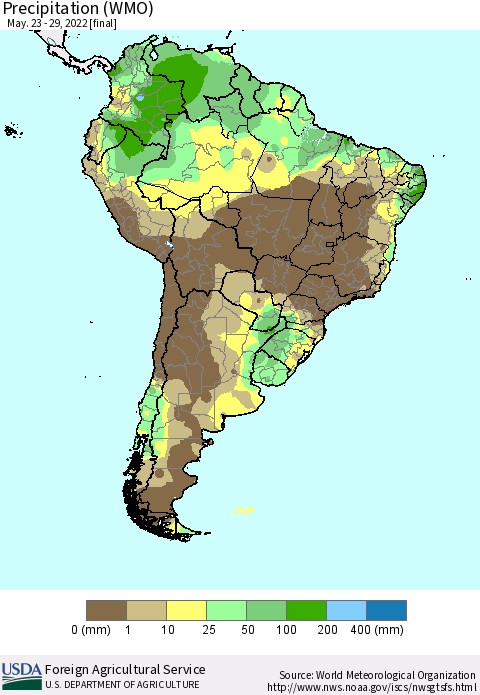 South America Precipitation (WMO) Thematic Map For 5/23/2022 - 5/29/2022