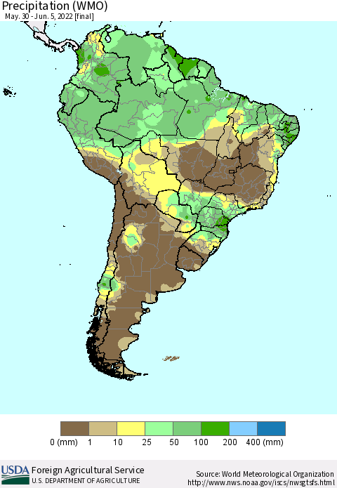 South America Precipitation (WMO) Thematic Map For 5/30/2022 - 6/5/2022