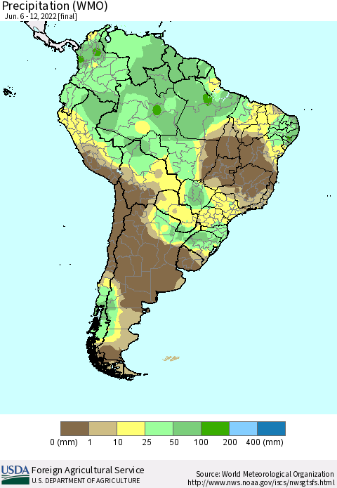 South America Precipitation (WMO) Thematic Map For 6/6/2022 - 6/12/2022