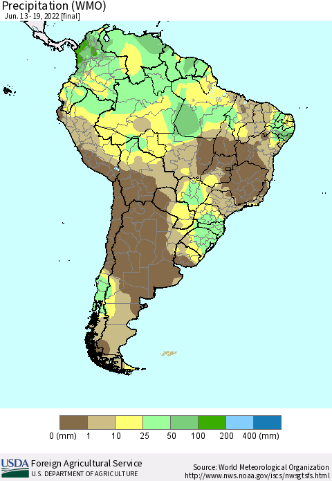 South America Precipitation (WMO) Thematic Map For 6/13/2022 - 6/19/2022
