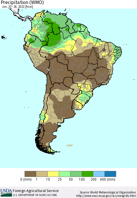 South America Precipitation (WMO) Thematic Map For 6/20/2022 - 6/26/2022