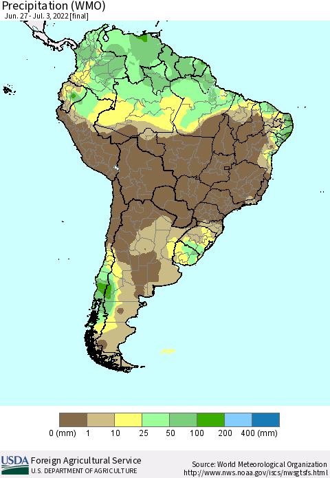 South America Precipitation (WMO) Thematic Map For 6/27/2022 - 7/3/2022