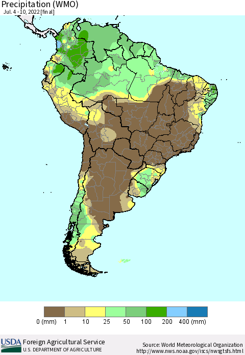South America Precipitation (WMO) Thematic Map For 7/4/2022 - 7/10/2022