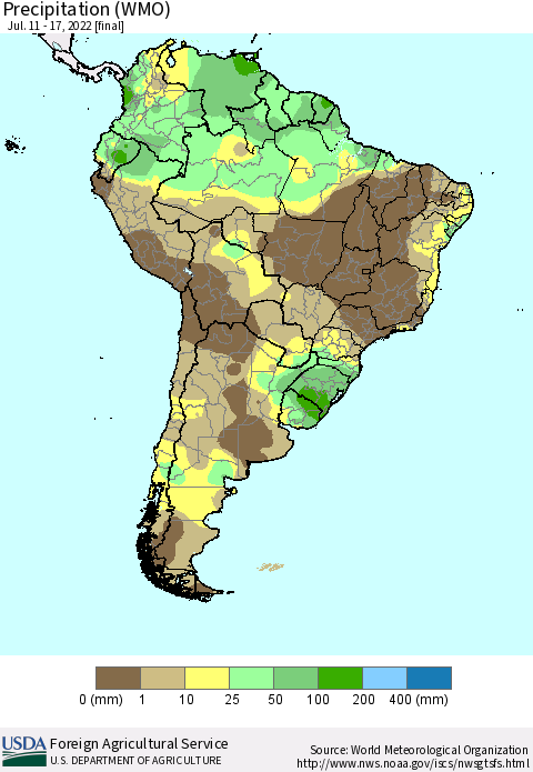 South America Precipitation (WMO) Thematic Map For 7/11/2022 - 7/17/2022