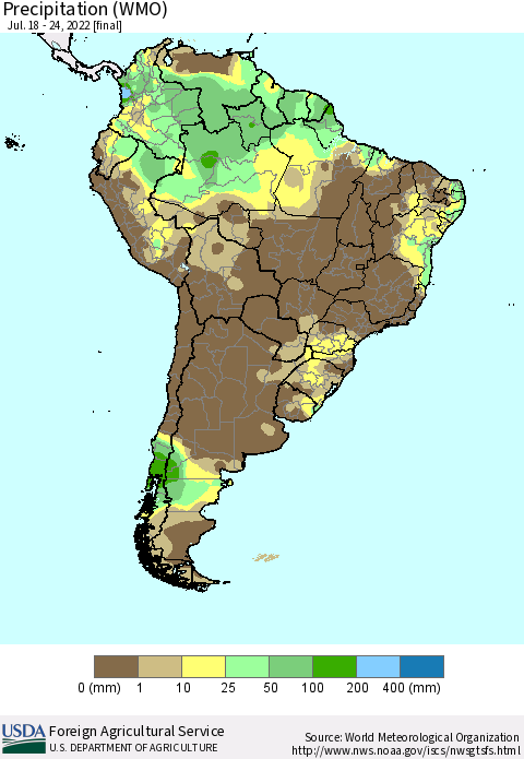 South America Precipitation (WMO) Thematic Map For 7/18/2022 - 7/24/2022