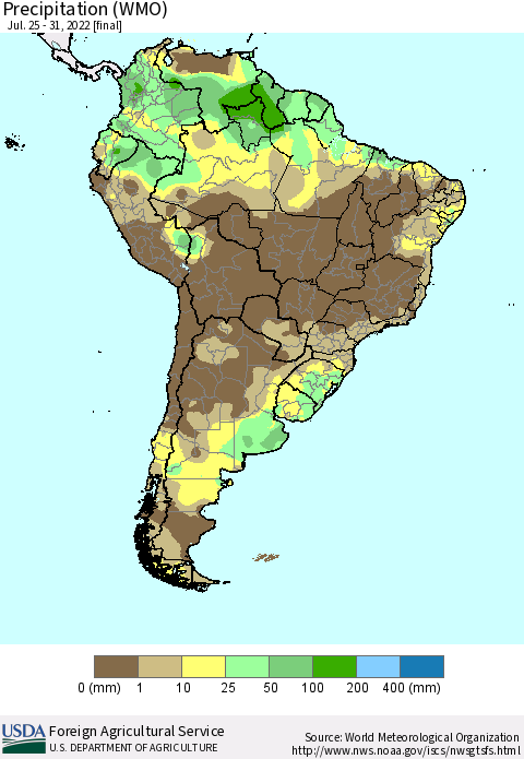 South America Precipitation (WMO) Thematic Map For 7/25/2022 - 7/31/2022