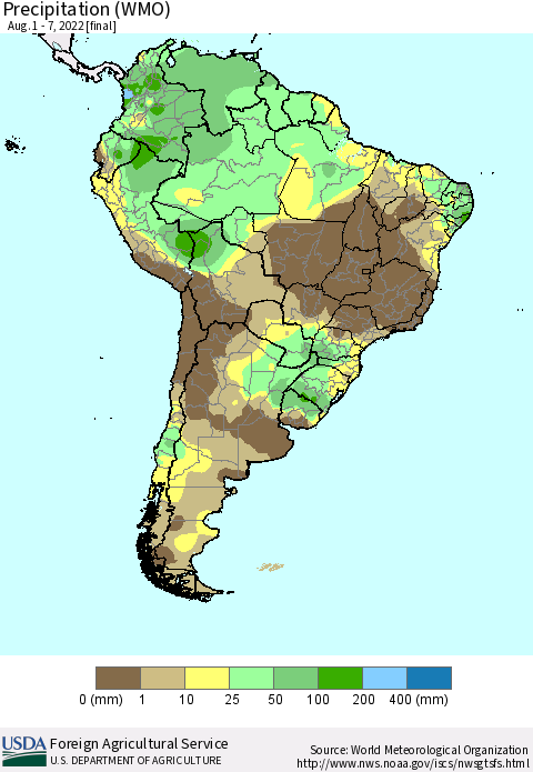 South America Precipitation (WMO) Thematic Map For 8/1/2022 - 8/7/2022