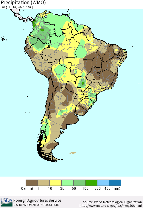 South America Precipitation (WMO) Thematic Map For 8/8/2022 - 8/14/2022