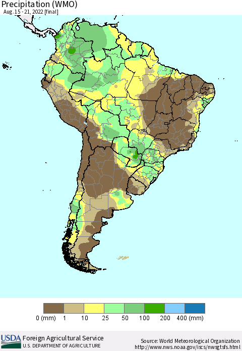 South America Precipitation (WMO) Thematic Map For 8/15/2022 - 8/21/2022