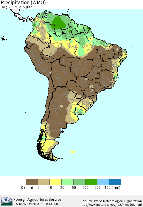 South America Precipitation (WMO) Thematic Map For 8/22/2022 - 8/28/2022