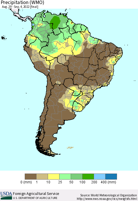 South America Precipitation (WMO) Thematic Map For 8/29/2022 - 9/4/2022