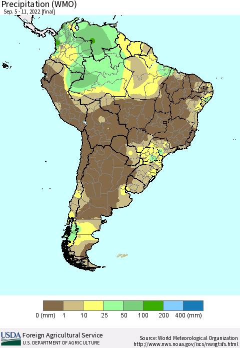 South America Precipitation (WMO) Thematic Map For 9/5/2022 - 9/11/2022