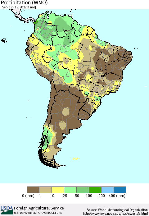 South America Precipitation (WMO) Thematic Map For 9/12/2022 - 9/18/2022