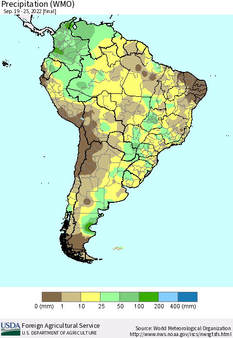 South America Precipitation (WMO) Thematic Map For 9/19/2022 - 9/25/2022
