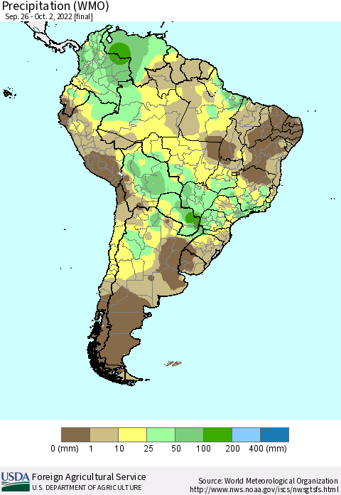 South America Precipitation (WMO) Thematic Map For 9/26/2022 - 10/2/2022