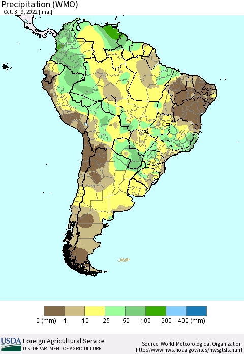 South America Precipitation (WMO) Thematic Map For 10/3/2022 - 10/9/2022