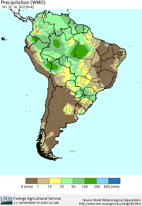 South America Precipitation (WMO) Thematic Map For 10/10/2022 - 10/16/2022