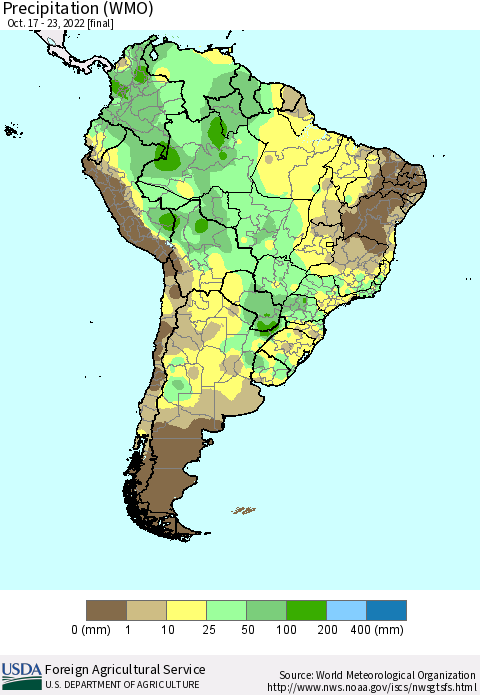 South America Precipitation (WMO) Thematic Map For 10/17/2022 - 10/23/2022