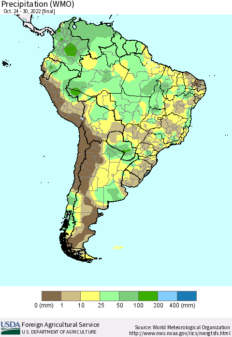 South America Precipitation (WMO) Thematic Map For 10/24/2022 - 10/30/2022