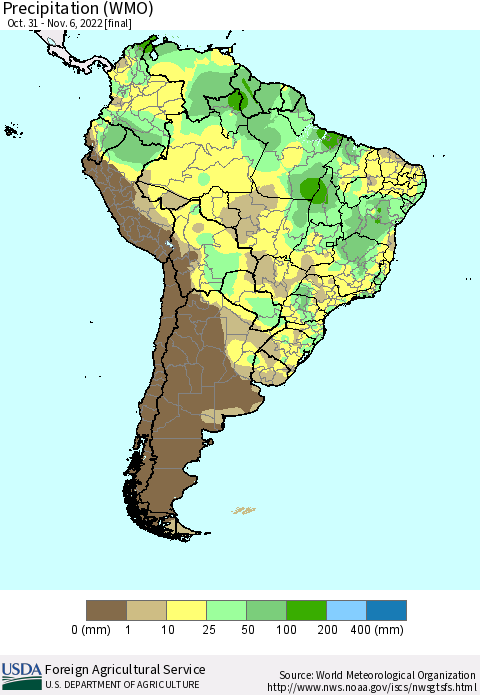 South America Precipitation (WMO) Thematic Map For 10/31/2022 - 11/6/2022