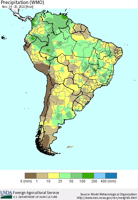 South America Precipitation (WMO) Thematic Map For 11/14/2022 - 11/20/2022