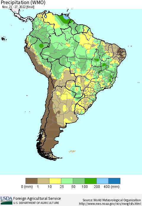 South America Precipitation (WMO) Thematic Map For 11/21/2022 - 11/27/2022
