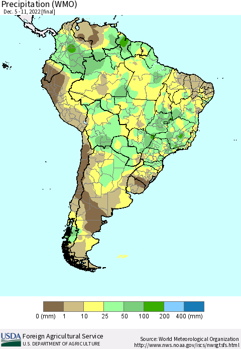 South America Precipitation (WMO) Thematic Map For 12/5/2022 - 12/11/2022