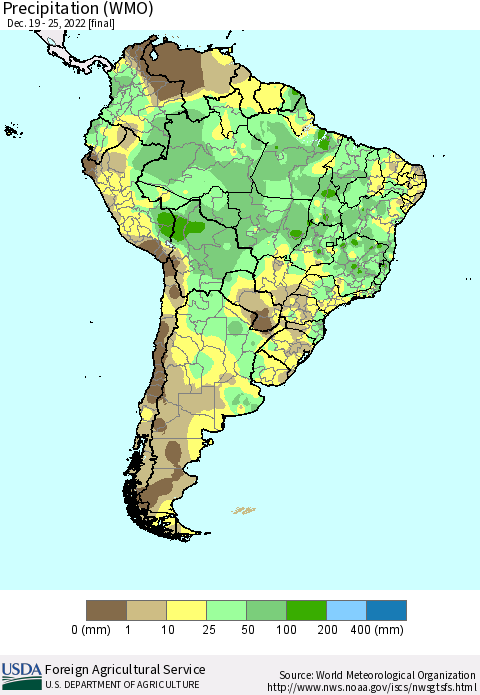South America Precipitation (WMO) Thematic Map For 12/19/2022 - 12/25/2022
