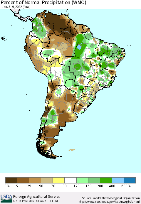 South America Percent of Normal Precipitation (WMO) Thematic Map For 1/3/2022 - 1/9/2022