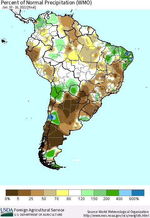 South America Percent of Normal Precipitation (WMO) Thematic Map For 1/10/2022 - 1/16/2022