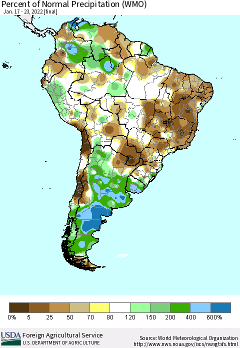 South America Percent of Normal Precipitation (WMO) Thematic Map For 1/17/2022 - 1/23/2022