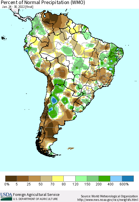 South America Percent of Normal Precipitation (WMO) Thematic Map For 1/24/2022 - 1/30/2022