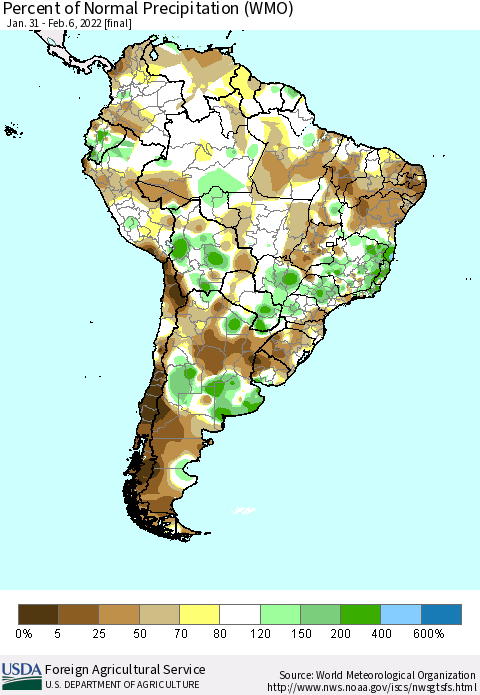 South America Percent of Normal Precipitation (WMO) Thematic Map For 1/31/2022 - 2/6/2022