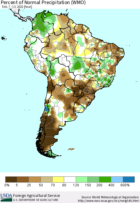 South America Percent of Normal Precipitation (WMO) Thematic Map For 2/7/2022 - 2/13/2022
