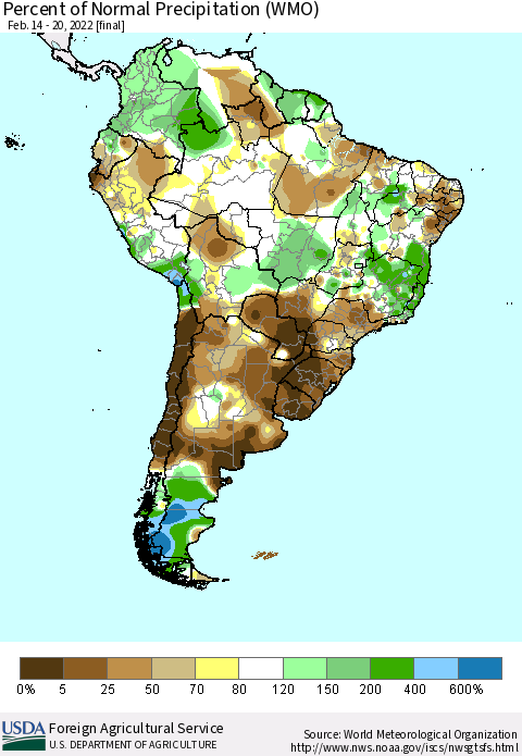 South America Percent of Normal Precipitation (WMO) Thematic Map For 2/14/2022 - 2/20/2022