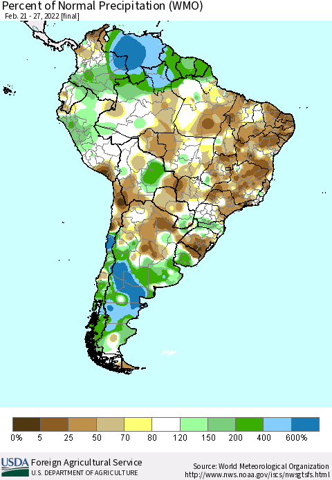 South America Percent of Normal Precipitation (WMO) Thematic Map For 2/21/2022 - 2/27/2022