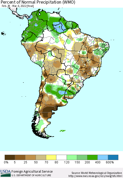 South America Percent of Normal Precipitation (WMO) Thematic Map For 2/28/2022 - 3/6/2022