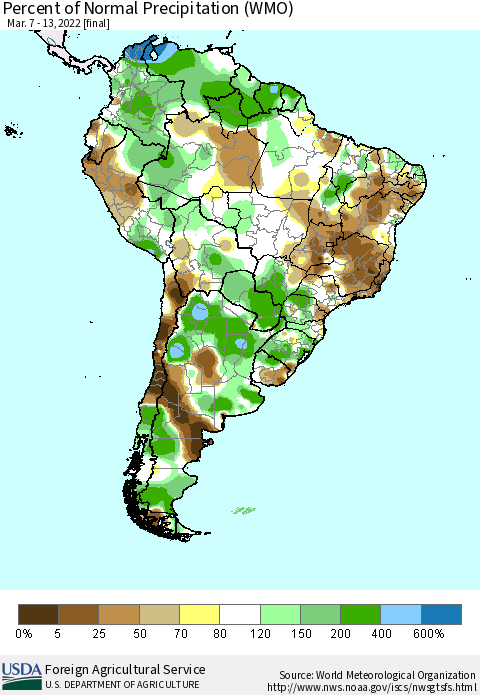 South America Percent of Normal Precipitation (WMO) Thematic Map For 3/7/2022 - 3/13/2022