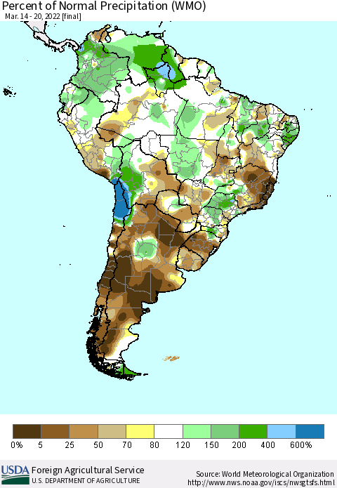 South America Percent of Normal Precipitation (WMO) Thematic Map For 3/14/2022 - 3/20/2022