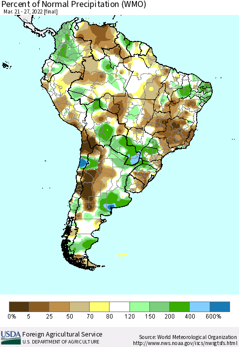 South America Percent of Normal Precipitation (WMO) Thematic Map For 3/21/2022 - 3/27/2022