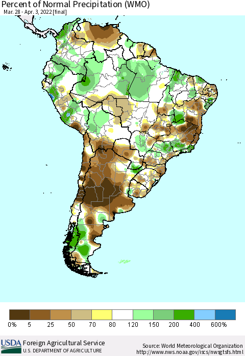 South America Percent of Normal Precipitation (WMO) Thematic Map For 3/28/2022 - 4/3/2022
