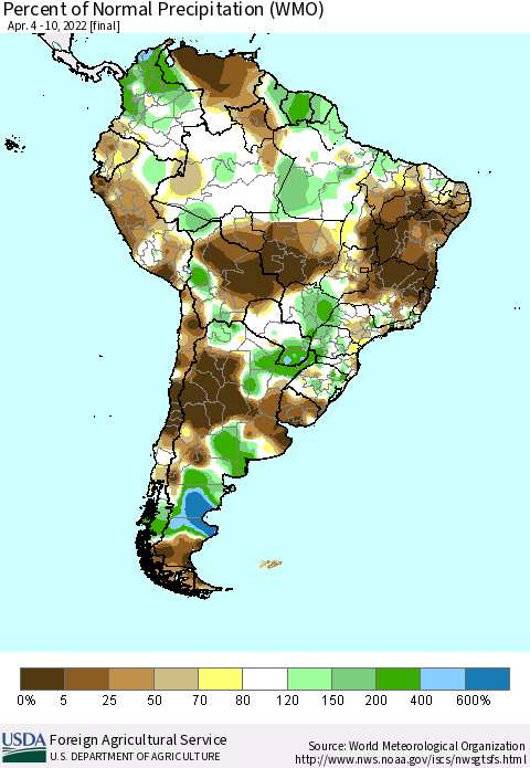 South America Percent of Normal Precipitation (WMO) Thematic Map For 4/4/2022 - 4/10/2022