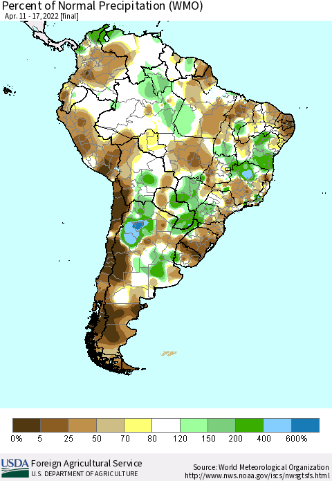 South America Percent of Normal Precipitation (WMO) Thematic Map For 4/11/2022 - 4/17/2022